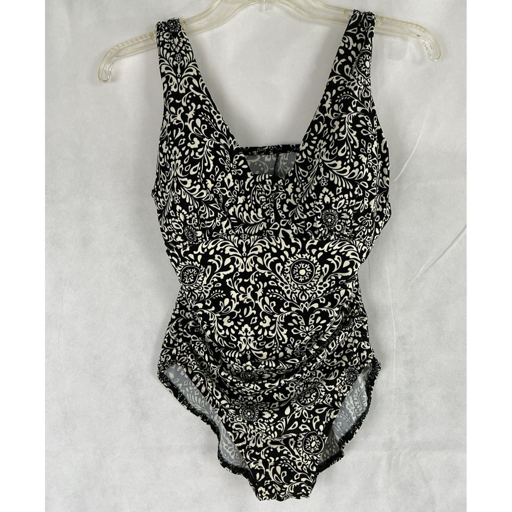 Lands End One Piece Swimsuit 12P Black White Grecian Tummy Control SlenderSuit